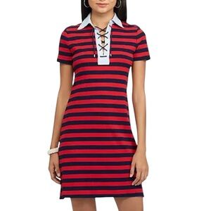 Chaps Red Black Striped Polo Dress Contrast Collar Large Preppy Casual Stretch